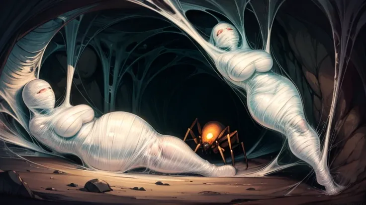 10 girls, trapped within cocoons made of silk, set within a cave, surrounded by spiders