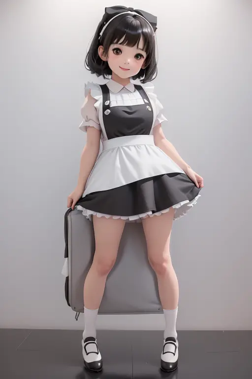 masterpiece, best quality, a cute chibi girl smiling, ((black)) hair, (((white pinafore dress))), (((short))) puffy sleeves, white hairbow, white socks, (((black))) mary jane pumps, school backpack, stand up, (((full body))),