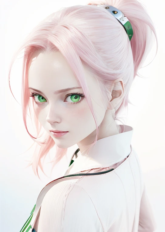 young woman, white skin, long pink hair, wide forehead, big emerald green eyes, buttoned nose, peach lips, red clothes,
  Sakura Haruno, realism, 3d