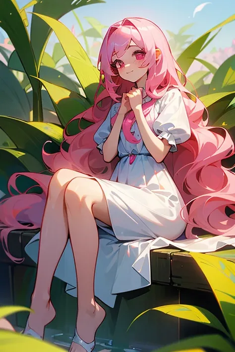 (Masterpiece: 1.5, better quality, high resolution: 1.3, super resolution, super detailed, ultra detailed: 1.3, Rico background: 1.2, 1 woman)) pale skin + pink hair + very long wavy hair + pink eyes + long eyelashes + Abundant hair + separate bangs, visib...