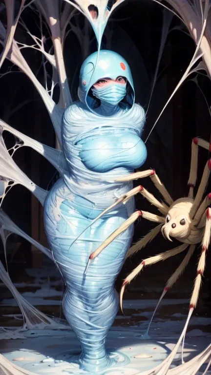 1 girl wearing a space helmet, trapped within a sticky slimy cocoon made of silk, set within an alien environment, surrounded by spiders, spider web