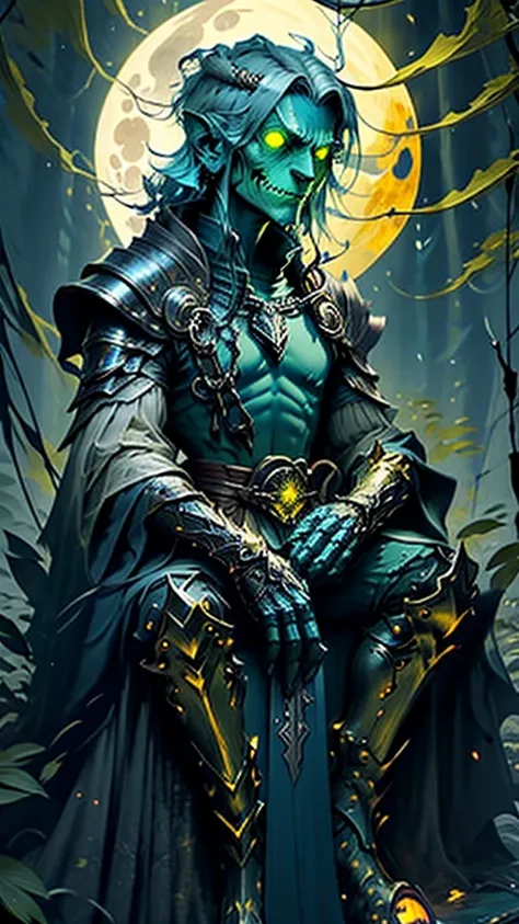 Creature half man and half mushroom wearing arcane armor and sitting on a golden throne holding a large, sharp sword and seriously looking at the viewer with glowing yellow eyes and a backdrop of a swamp and a full moon lighting up the environment and torc...