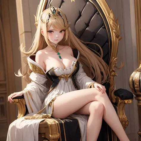 masterpiece、1 girl、throne、proudly cross one&#39;s legs、A small noble crown on your head、Royal Dresses、cleavage、stunningly beautiful face、rest one&#39;s chin on one&#39;s chin、nsfw