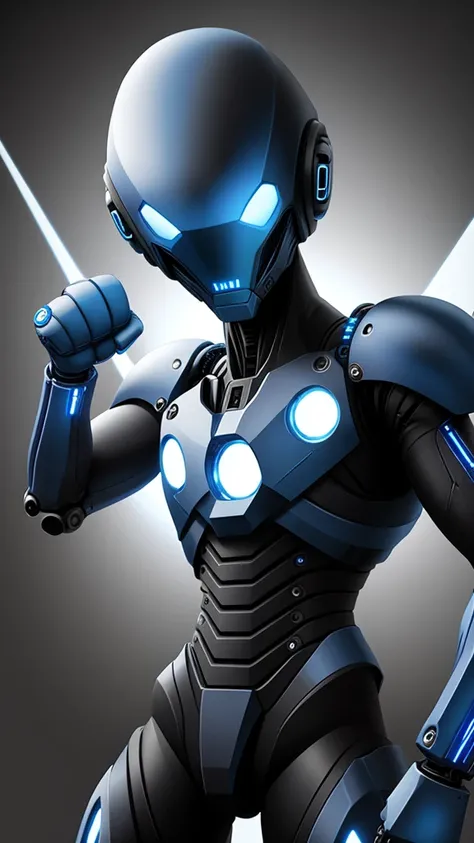 Alien with mechanical and realistic body with bright blue lights and closed fist pointing at the viewer and gray background 