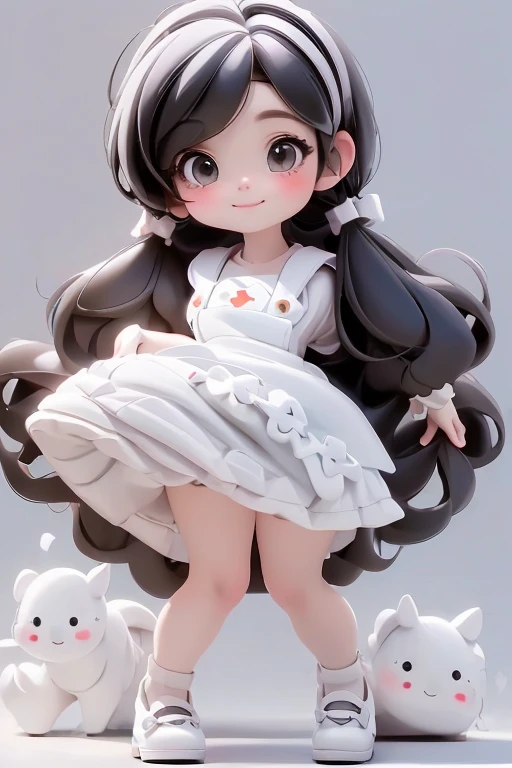 masterpiece, best quality, a cute chibi girl smiling, ((black)) hair, (((white pinafore dress))), (((short))) puffy sleeves, white hairbow, white socks, (((black))) mary jane pumps, school backpack, (((full body))),