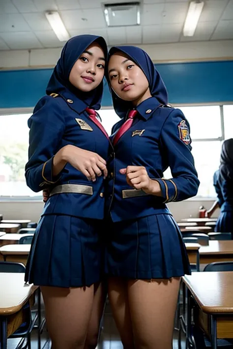 two indonesian girls in  high school uniform posing for a picture in a classroom, white and blue grey uniform, with a girlfriend...