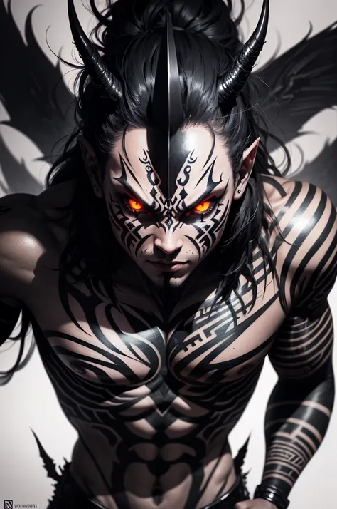 demon tribal warrior, glowing eyes, black ink, tattoo, hyperrealism, hyper details ,ink