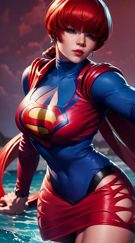 obra prima, melhor qualidade, high resolutions, ela1, cabelo vermelho sobre os olhos,  supergirl, capa vermelha, s do super-home...