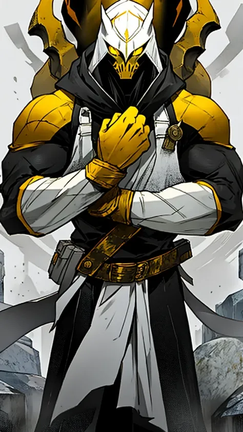 Creature in white mask with yellow eyes and stone skin with yellow roots and large arms and combat pose with closed fists 