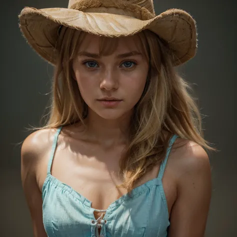 1girl, cute blonde girl, hair bangs, cowboy hat, brown cowboy dress, brown dress, cyan eyes, ultra realistic soft skin, extreme detail, high masterpiece, 8k, photography, studio light, ultra realistic lighting, high realistic ray tracing, RAW photo, photo ...