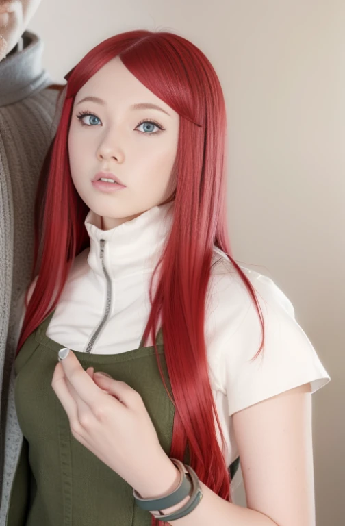 young woman, white skin, long red hair with bangs on the side, big bluish eyes, big nose, small lips, white and dark green clothes, Kushina Uzumaki, realism, 3d