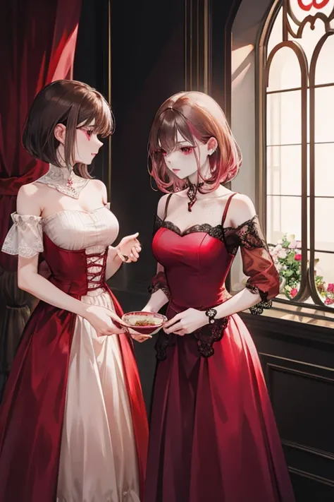 A brown haired vampire with red eyes is wearing a red ballgown is having tea with a pink haired queen with violet eyes and an hourglass figure and short hair
