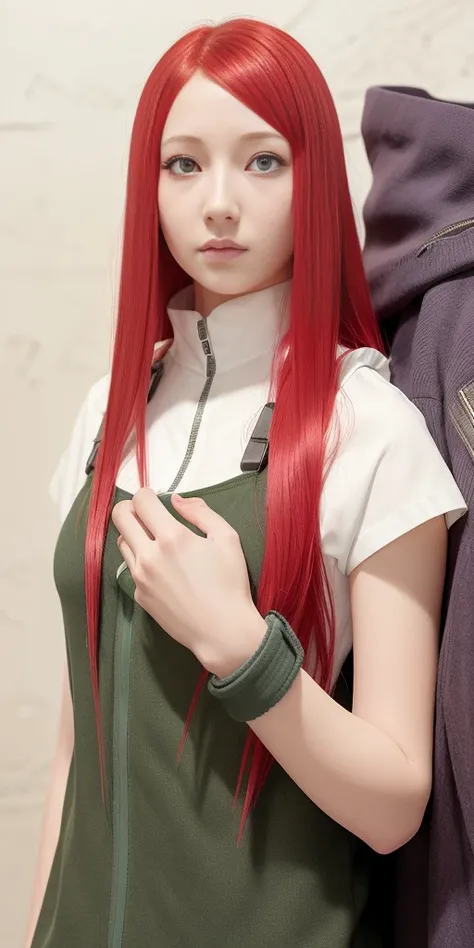 young woman, white skin, long red hair with bangs on the side, big bluish eyes, big nose, small lips, white and dark green clothes, Kushina Uzumaki, realism, 3d