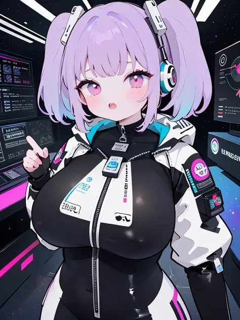 very detailed、masterpiece、high quality、one high school girl、12 years old、Loli、(black and white space suit、accent)、front zipper、(Futuristic, Tight Fit Bodysuit)、headphone、Cyberpunk space station interior background、(colorful purple hair),ロングtwin tails, (pin...