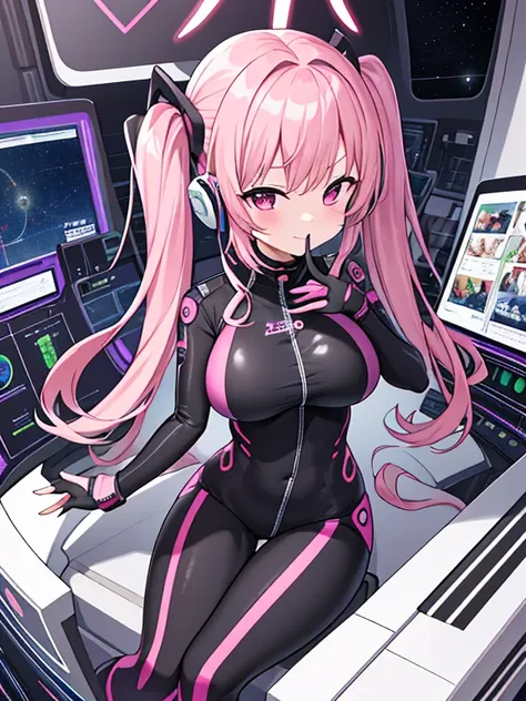 very detailed、masterpiece、high quality、one high school girl、12 years old、Loli、(white and pink space suit)、front zipper、(Futuristic, Tight Fit Bodysuit)、headphone、Cyberpunk space station interior background、(colorful pink hair),ロングtwin tails, (pink eyes), c...