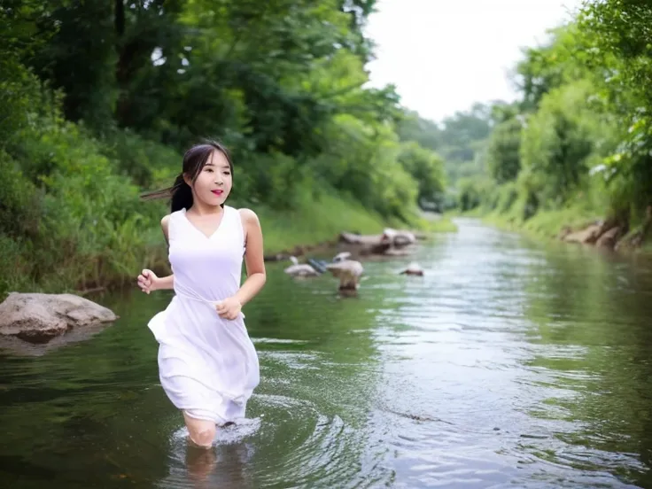 Burmese girl run and jamp in the stream without a top shirt Beautuful Women２hiquality beautiful eye,hair is tall,