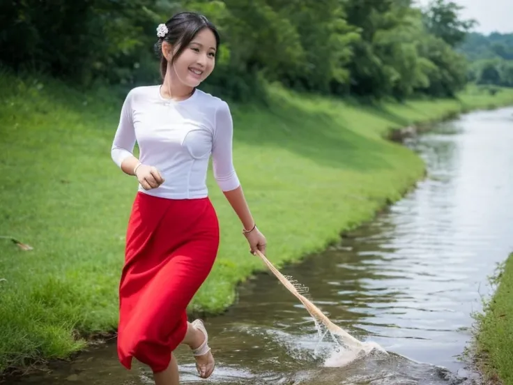 Burmese girl run and jamp in the stream without a top shirt Beautuful Women２hiquality beautiful eye,hair is tall,