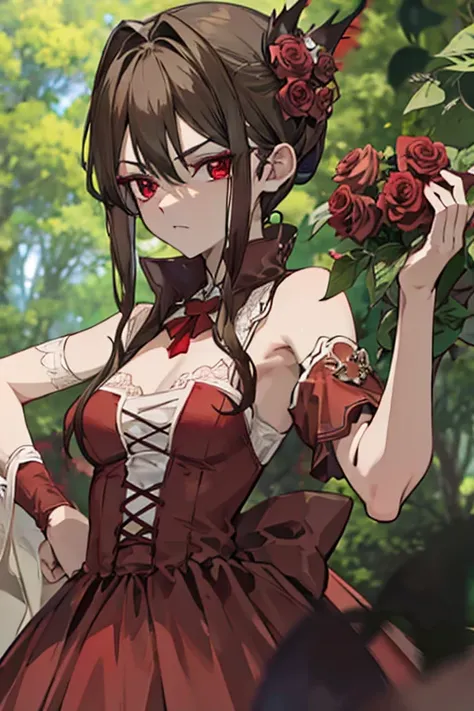 A brown haired vampire with red eyes is wearing a red ballgown is holding a red rose