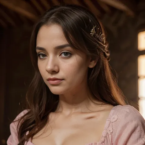 Mulher loira, jovem, cabelos longos, princesa, medieval, estido game of thrones, olhando para o espectador. Olhos azuis, labios rosados, sava vitoriana.