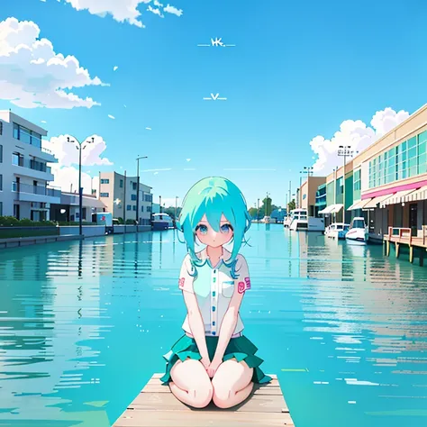 Blue haired anime girl sitting on the waterfront dock, teal hair anime girl, Mikudayo, anime moe art style, anime style 4k, high quality anime art style, Wallpaper Anime Blue Water, anime art style, portrait of hatsune Miku, Miku, beautiful anime art style...