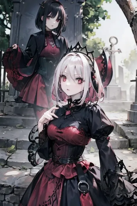 a brown haired vampire with red eyes wearing a gothic dress is posing with a silver haired young woman with green eyes and and a...