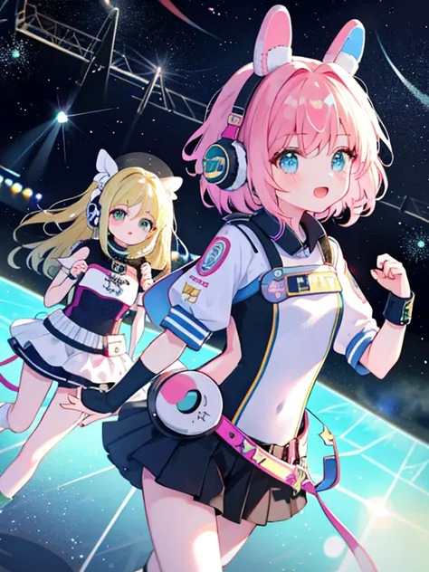 2+ girls,multiple girls、cute、idol group、stage、Idol Live、singing、masterpiece、highest quality、best image quality、Futuristic bodysuit spacesuit costume、headphone、headset