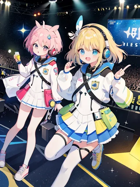 2+ girls,multiple girls、cute、idol group、stage、Idol Live、singing、masterpiece、highest quality、best image quality、Futuristic bodysuit spacesuit costume、headphone、headset