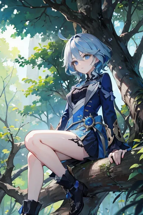 A blue haired woman with blue eyes is sitting on a branch in a forest