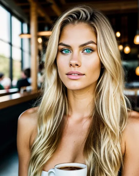 a model that are drinking a coffee in a coffee shop, professional, (4k photo:1.1) (Sharp focus:1.3), high detail, beautiful detailed face, green eyes, long blonde hair, (attractive young woman:1.3), (seductive:1.1), (blushing:1.1), one girl, drinking a cof...