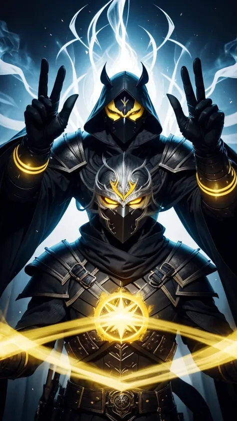 Man in a black mask and yellow eyes and thick white hair behind him and arcane armor with very bright yellow lights and pointing open hands sending smoke towards the viewer and highly detailed and white background with a very bright blue straight line illu...