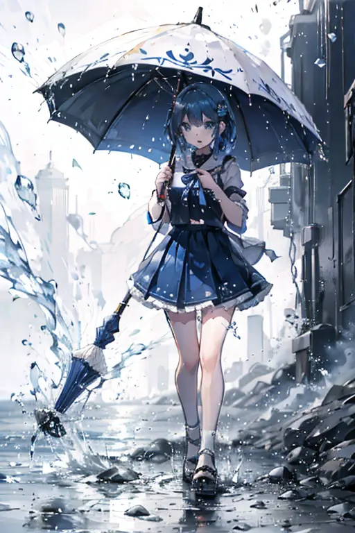 a blue haired girl with blue eyes is standing underneath an umbrella