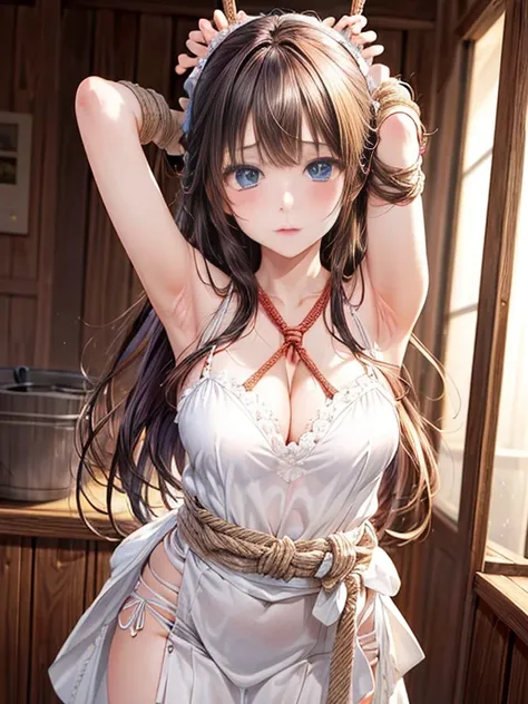 ((masterpiece)), ((best quality)), (ultra-detailed), NSFW, ((torture room)),(torture),(((rope strongly bound waist))),a cute girl, 1girl, solo, (white lacy slip dress),(both wrists tied above the head using rope), (both wrists hung from the ceiling),((thin...