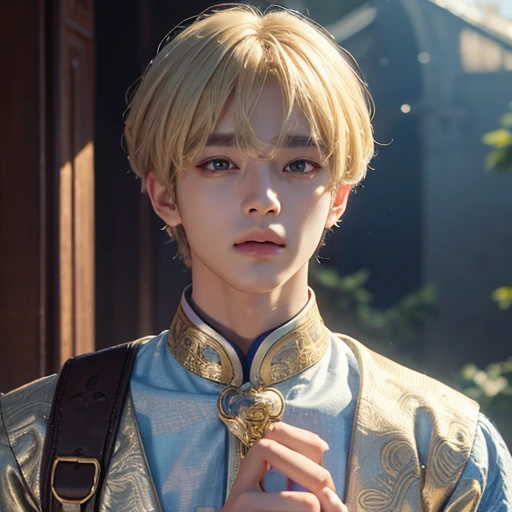 Taehyung of BTS, gentle features, blonde hair, hd, 8K, high quality, fantasy background, selfie, for icon