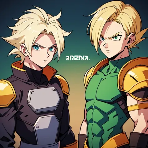 A male Android named Android #22 with dirty blonde hair and green eyes (dragon ball art style)