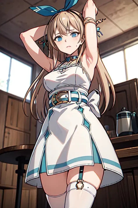 ((masterpiece)), ((best quality)), (ultra-detailed), NSFW, ((torture room)),(torture),(((single belt strongly bound waist))),a cute girl, 1girl, solo, (white lacy slip dress),(both wrists tied above the head using rope), (both wrists hung from the ceiling)...