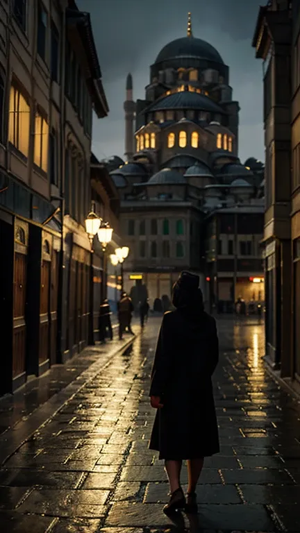 Foggy and rainy night street of Istanbul in the style of Edward Hooper, Hagia Sophia mosque, very realistic and detailed, mysterious and nostalgic atmosphere, photographic appearance, RAW style, photorealistic.
  Léxica.Art