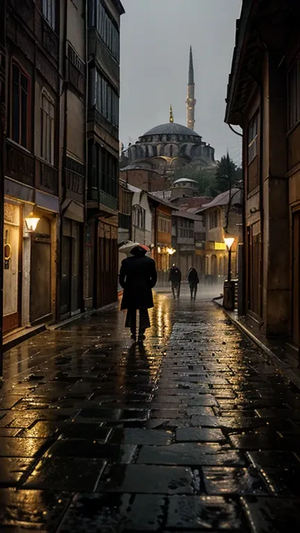 Foggy and rainy night street of Istanbul in the style of Edward Hooper, Hagia Sophia mosque, Turkish Flag, very realistic and detailed, mysterious and nostalgic atmosphere, photographic appearance, RAW style, photorealistic.
  Léxica.Art