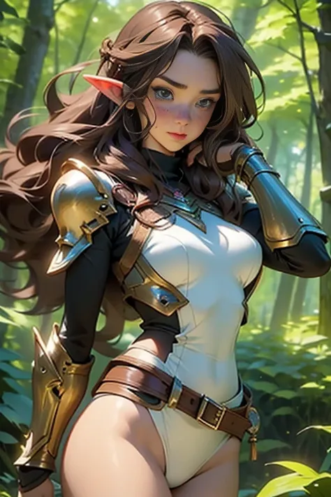 Brown hair fit body large breasts slender thighs fantasy leather armor cute wood elf solo freckles looking at viewer in woods long hair blowing in wind blushing determination, 8k, extreme detail,