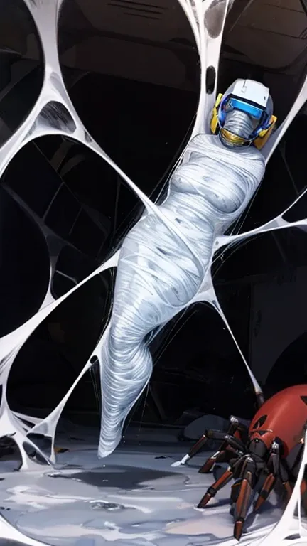 1 girl wearing a space helmet, trapped within a sticky slimy cocoon made of silk, spider web