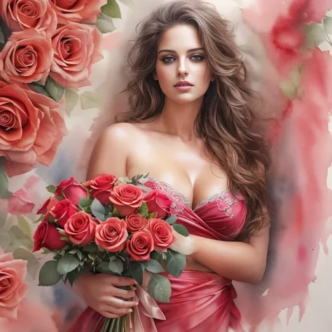 Portrait, watercolor painting, busty beauty, holding bouquet of roses, chest:

Masterpiece, vivid watercolor, beautiful woman with ample curves, exudes seductiveness, holding a full bouquet of red roses against her cleavage, soft petals cascading down, del...