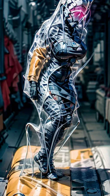 1 girl wearing a cyberhelmet, trapped within a cocoon made of silk, spider web