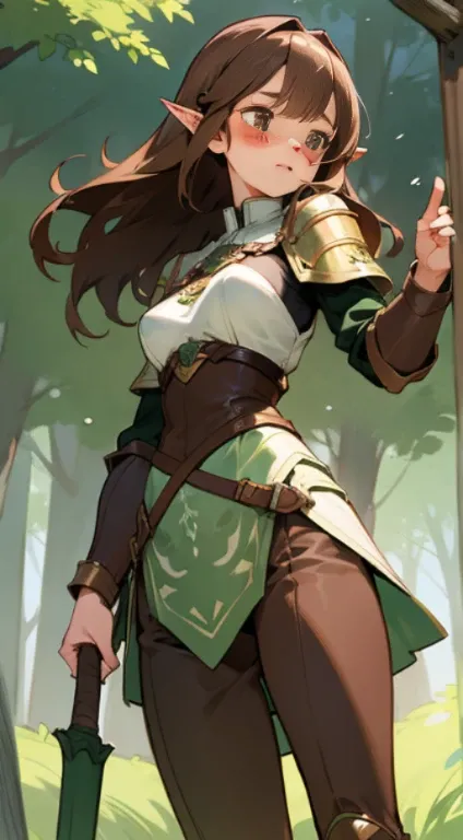 Brown hair fit body medium breasts slender thighs modest green fantasy leather armor cute wood elf solo freckles looking at viewer in woods long hair blowing in wind blushing determination, line art, extreme detail, sketch art