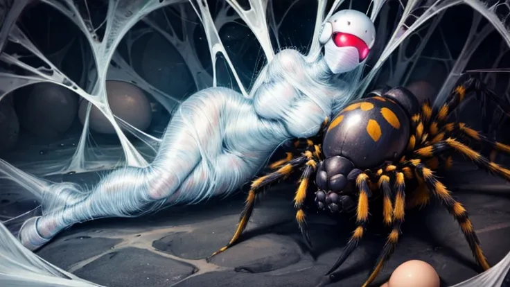 1 girl wearing a cyberhelmet, trapped within a cocoon made of silk, spider web, surrounded by spiders and eggs
