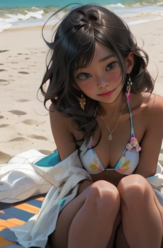 (masterpiece:1.2, highest quality), (1 female, alone), clothing: bikini、accessories: shell necklace, hair: long white hair, 緩やかなbeachの波, compensate: nature, glowing skin, ((dark skin behavior: 1.5))、Relaxed, easy going, Free-spirited, Location: beach, reso...