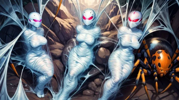 3 girls wearing cyberhelmets, trapped within cocoons made of silk, spider web, surrounded by spiders and eggs