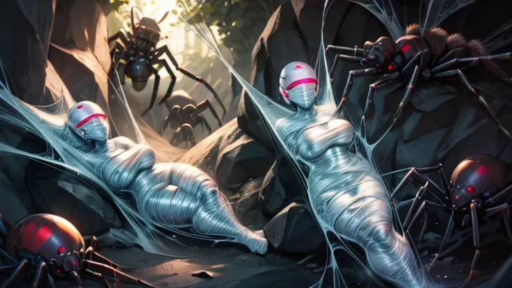 3 girls wearing cyberhelmets, trapped within cocoons made of silk, spider web, surrounded by spiders and eggs