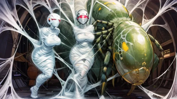 4 girls wearing cyberhelmets, trapped within cocoons made of silk, spider web, surrounded by spiders and eggs