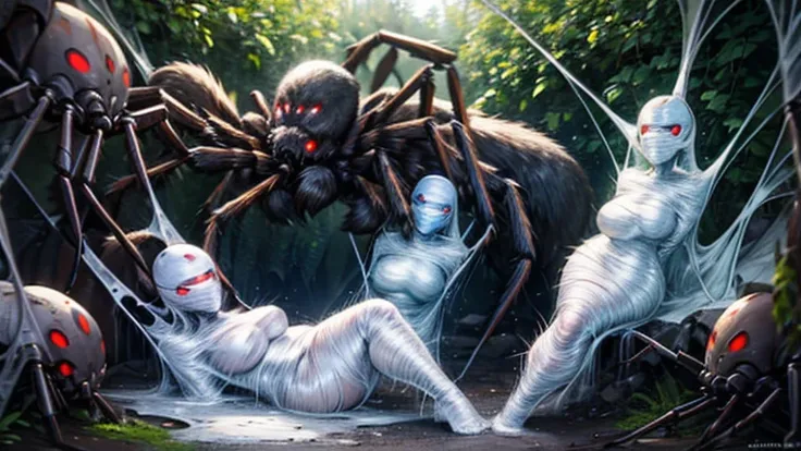 4 girls wearing cyberhelmets, trapped within cocoons made of silk, spider web, surrounded by spiders and eggs