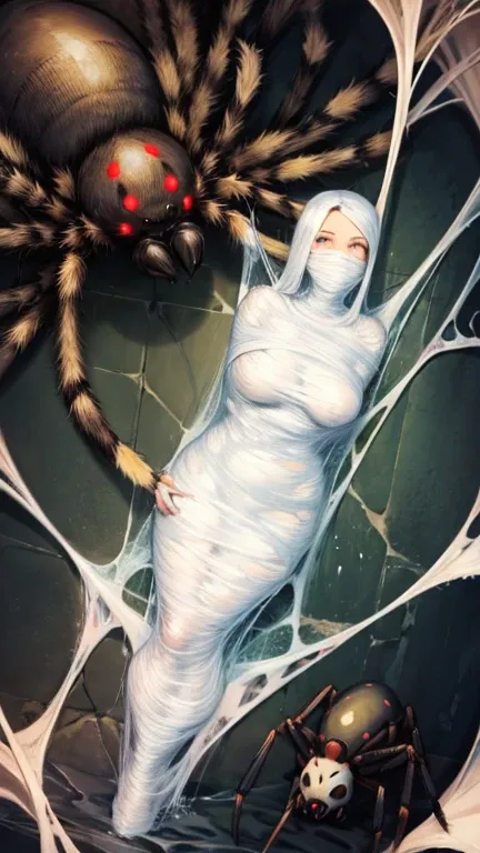 1 girl, trapped and suspended within a cocoon made of silk, spider web, surrounded by spiders and eggs