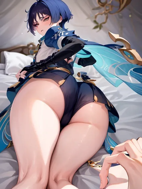 Scaramouche, underbutt, pov under ass, annoyed, ass view, ass focus, on bed, shorts, genshin impact, petite, cute, effeminate, best quality,4k,8k,highres,masterpiece:1.2),ultra-detailed